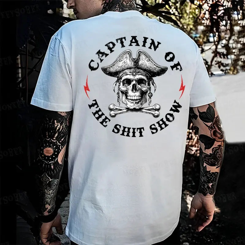 "Captain of the Shit Show" Skull Print T-Shirt – Funny & Fashionable Men's Crewneck, Casual Cotton Tee