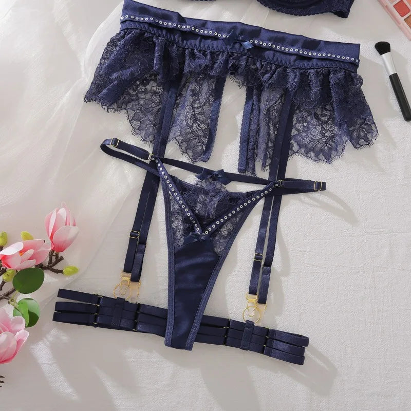 Toucheart Sexy Lingerie Suit for Women Lace Hollow Out See-through Underwear 4-piece Set Solid Color Sexy Garters Underwear Suit